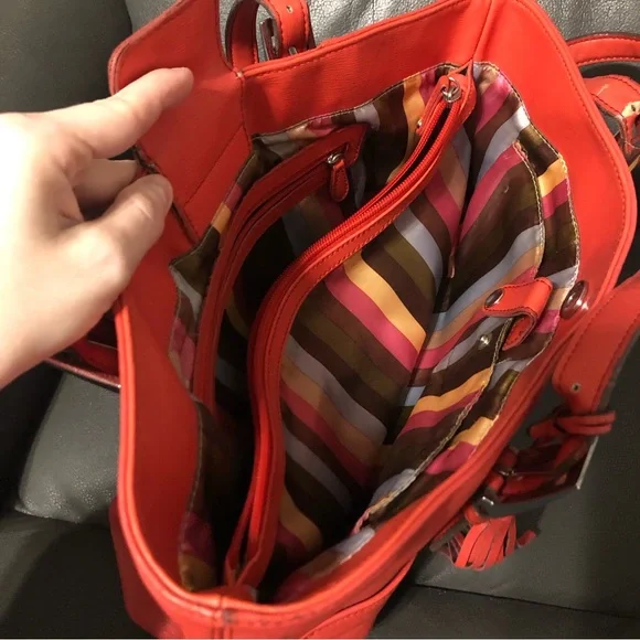 Coral Striped Tote Bag Pocketbook Purse - Picture 2 of 6